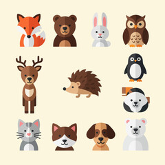 Obraz premium Cute Flat Animal Icons Set: Fox, Bear, Rabbit, Owl, Deer, Penguin, Cat, Dog