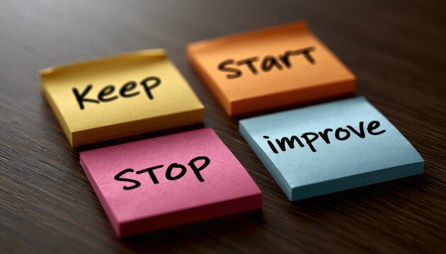 Sticky notes labeled keep, start, stop, and improve on a wooden desk. A project management tool for business strategy.