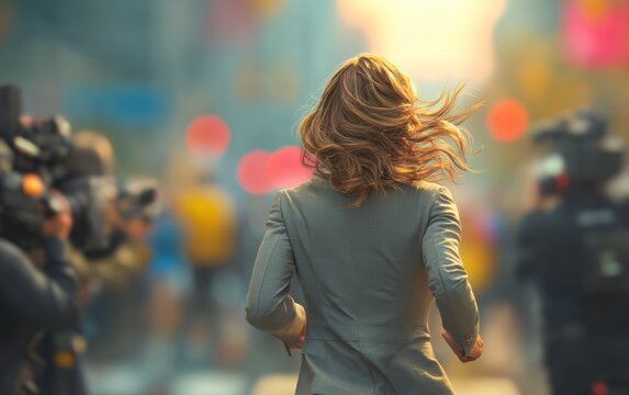 Female Journalist Running Toward Breaking News Scene in Urban Environment