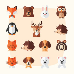 Fototapeta premium Cute Flat Animal Icons Set: Fox, Bear, Rabbit, Owl, Penguin, Deer, Hedgehog, Cat, Dog