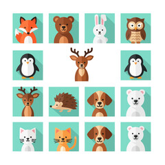 Obraz premium Cute Flat Animal Icons Set: Fox, Bear, Rabbit, Owl, Penguin, Deer, Hedgehog, Dog, Cat