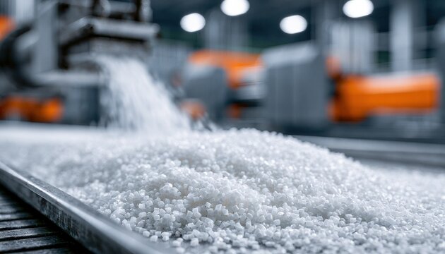 White plastic pellets pouring onto an industrial conveyor belt. Represents sustainable manufacturing and raw material.