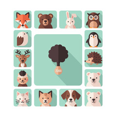 Fototapeta premium Cute Flat Forest Animals Icon Set with Tree