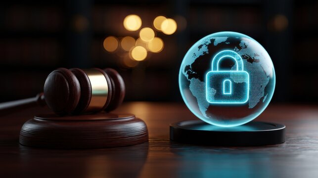 A wooden gavel beside a glowing digital globe with a padlock. Concept of global cybersecurity laws and digital privacy.