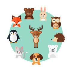 Naklejka premium Cute Forest Animals Circle Illustration: Fox, Bear, Bunny, Owl, Deer, Hedgehog