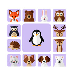 Obraz premium Cute Forest Animals Collection - Penguin, Fox, Bear, Owl, Deer, Rabbit, Cat, Dog