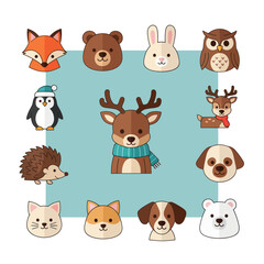 Fototapeta premium Cute Forest Animals Collection: Fox, Bear, Rabbit, Owl, Penguin, Deer, Dog, Cat, Hedgehog