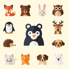 Fototapeta premium Cute Forest Animals Collection: Fox, Bear, Rabbit, Owl, Penguin, Deer, Dog, Cat