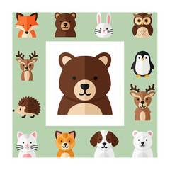 Fototapeta premium Cute Forest Animals Collection Vector Icons Set, Cartoon Style