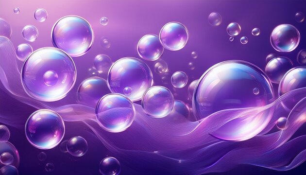 Beautiful Transparent Shiny Soap Bubbles Flot On Purple Texture Background Abstract Natural Fresh Soapy Summer Background