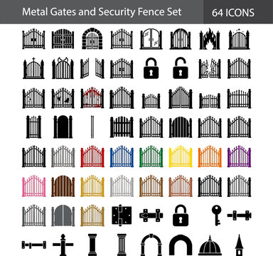 Metal gates and security fence set. Containing wrought iron gates, driveway gates, garden fences, padlocks, keys, door hinges, and many more