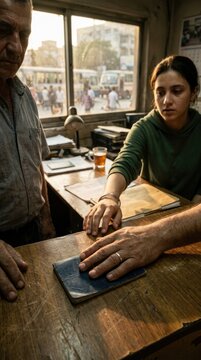 Slave female victim of modern slavery sitting at a dusty checkpoint desk, having her passport document confiscated by an authority hand, demonstrating illegal human trafficking exploitation.