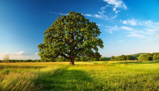 Great Walnut Tree In The Middle Of A Meadow In A Sunny Summer Afternoon