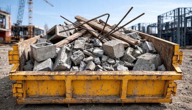 Dumpster full of construction debris and concrete blocks on a building site. Waste management and renovation project.