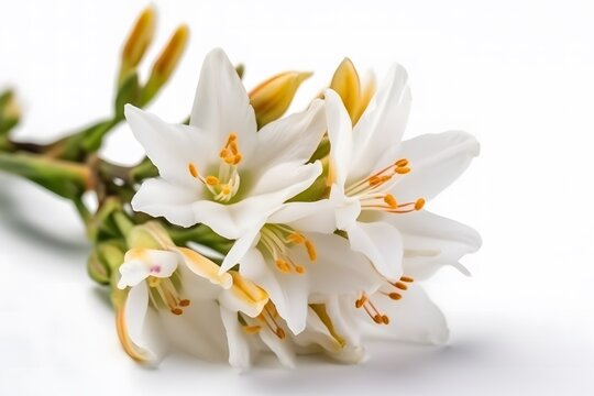 A close-up photo of white Ixia flowers with yellow stamens on a green stem against a clean background