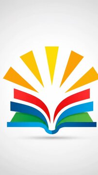 Colorful book logo animation, sunburst rays yellow orange radiating pages fanned white background. Reading education emblem