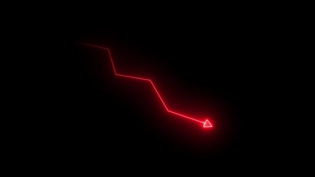 Glowing red neon downward graph with arrow indicating decline, loss, and negative trends on a dark, abstract background, perfect for conveying risk, crisis animation, 4k quality animation video.
