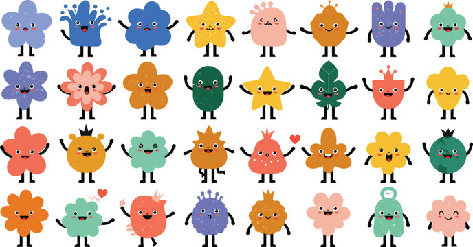 A collection of colorful hand drawn cartoon characters with funny faces and various shapes isolated on a white background for design projects