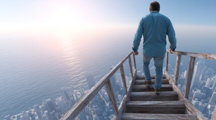 Naklejka premium Male Entrepreneur in Casual Clothes Climbing Towards a Bright Future