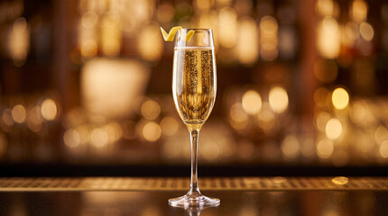 Sparkling champagne cocktail with lemon twist in flute glass © MUHAMMAD