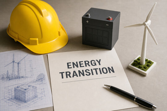 Clean energy transition concept with hard hat, battery model, wind turbine, blueprint, pen, and planning document on a desk.