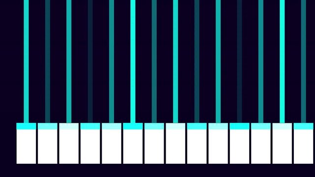 Digital piano keys animation with glowing music notes and abstract sound waves for audio visualizer 4k background