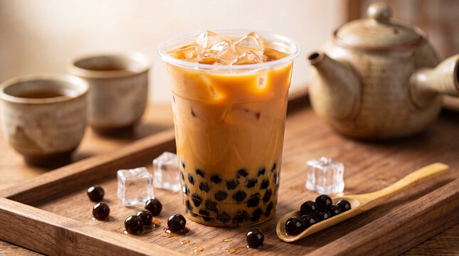 Iced milk tea with black tapioca pearls on a wooden tray