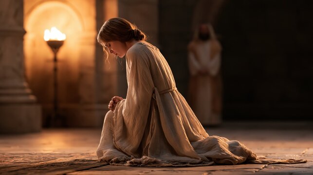 Hannah kneeling in the tabernacle before dawn praying for a child as priest Eli watches in a sacred moment of faith and hope.