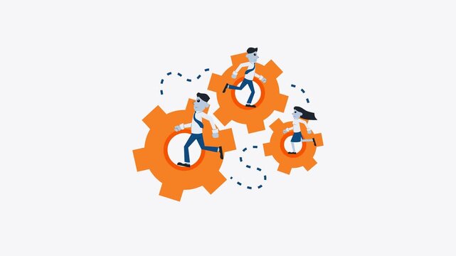 Flat vector cartoon business people running inside orange gears motion graphic isolated on white