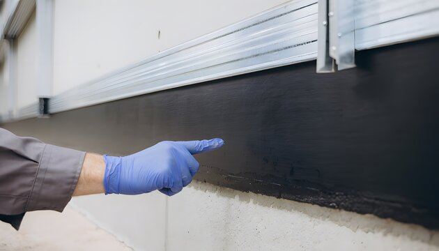 Gloved Technician Hand Pointing at Foundation Surface for Building Inspection and Maintenance Documentation