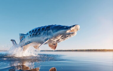 Fototapeta premium Breaching Beluga Sturgeon Surfaces on Volga River at Sunset
