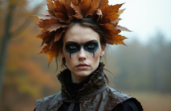 Woman with leaf crown and dark makeup wears rustic outfit in autumn woods. Artistic portrait shows mysterious wild forest spirit. Natural beauty and environmental theme.