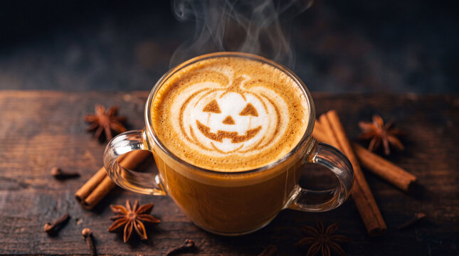 Halloween pumpkin latte art in a glass cup with spices