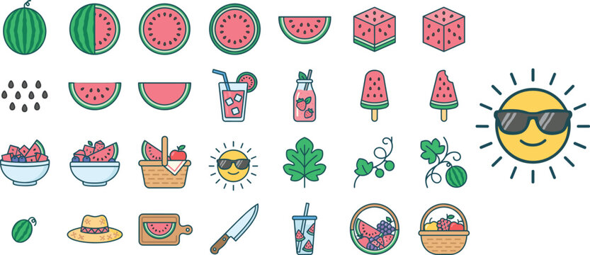 Watermelon summer icons set, flat vector fruit illustrations, 28 colorful seasonal elements for picnic and tropical food design projects
