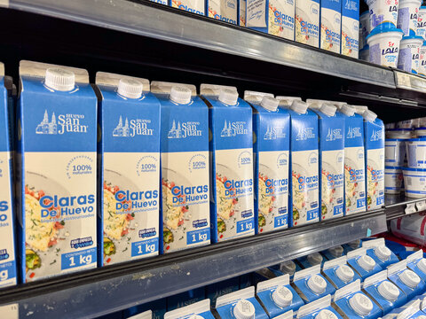 Egg whites packaged in Tetra Pak from Huevo San Juan, owned by the Mexican company Grupo Bachoco, displayed in a supermarket refrigerator. Guadalajara, Jalisco, Mexico, June 14, 2026.