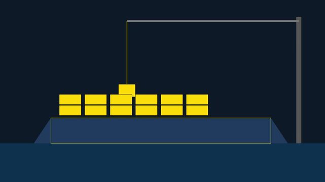 Industrial crane loading yellow cargo containers: automated logistics and shipping process animation 4k