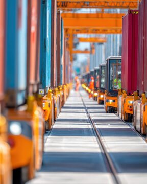 Container terminal lane with automated transport vehicles and stacked shipping containers for logistics design and industrial background