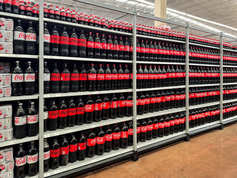 Coca Cola soda bottles in refrigerator and shelves at Walmart supermarket, ready for retail sale. Guadalajara, Jalisco, Mexico, June 2, 2026.