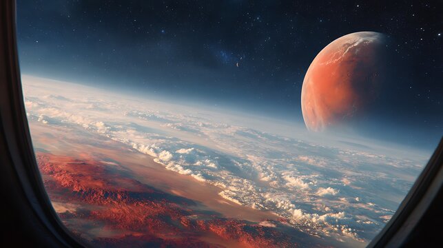 View of Earth and Mars from Spaceship Window in Orbit