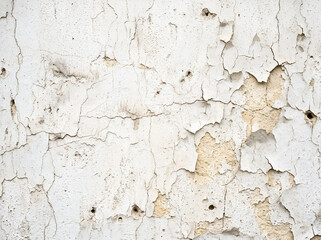 Fototapeta premium A close-up view of a weathered white wall with peeling paint and cracks.