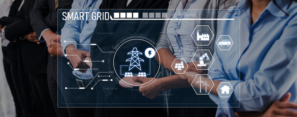 A diverse group of professionals stands together discussing smart grid technology, highlighted by a digital interface showcasing energy management and sustainable solutions. Trope © InfiniteFlow