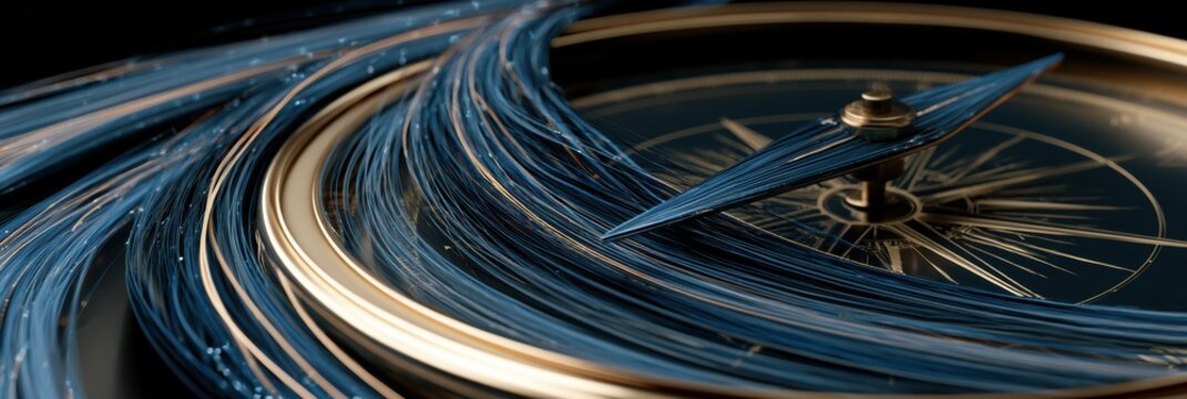 A compass with a needle made of data streams is oriented to true north on a dark background with gold and blue tones.