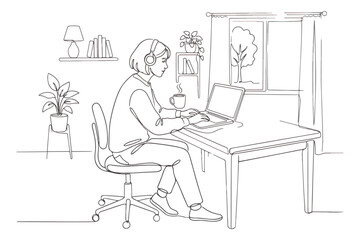 Obraz premium Minimalist continuous line drawing of woman working on laptop at home, remote freelancer in home office workspace, simple black and white vector art