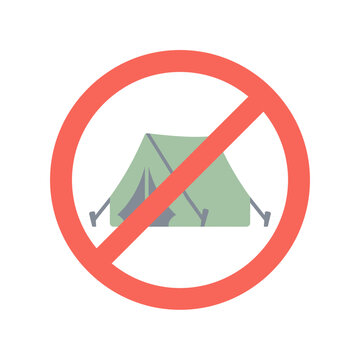 No camping prohibition sign with a red circle and slash over a green tent vector illustration