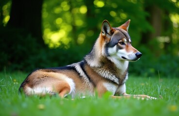 Fototapeta premium Grey wolf rests on green grass in park. Wild animal looks attentively to side. Creature has fur coat and alert ears. Nature background with trees.