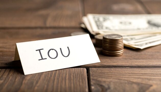 IOU note with money coins and bills on wooden table