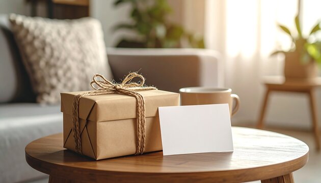 Gift box with blank card and mug on wooden table