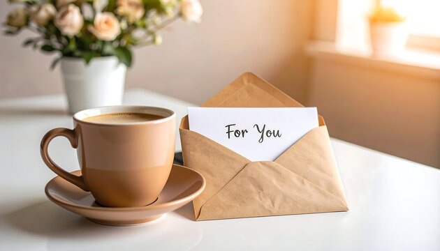 Close up of coffee cup and For You greeting card in brown envelope