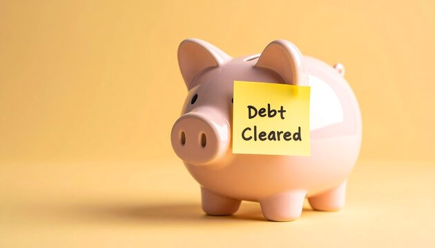 Piggy bank with a Debt Cleared message on sticky note