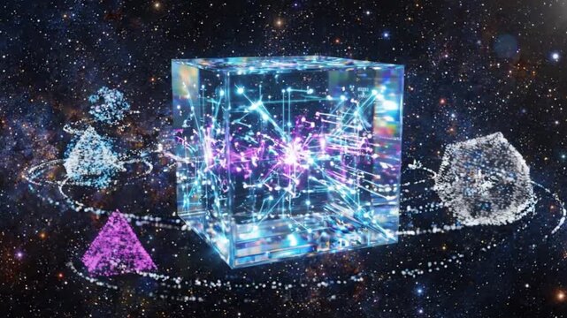 A glowing, translucent cube filled with intricate light patterns and data connections, surrounded by crystalline objects and a ring of light in a vast cosmic space.